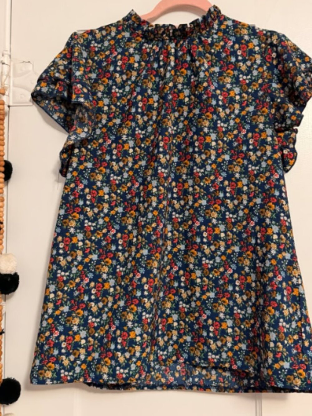 Leasty Navy Floral Ruffle Sleeve Blouse Women’s Large Mock Neck